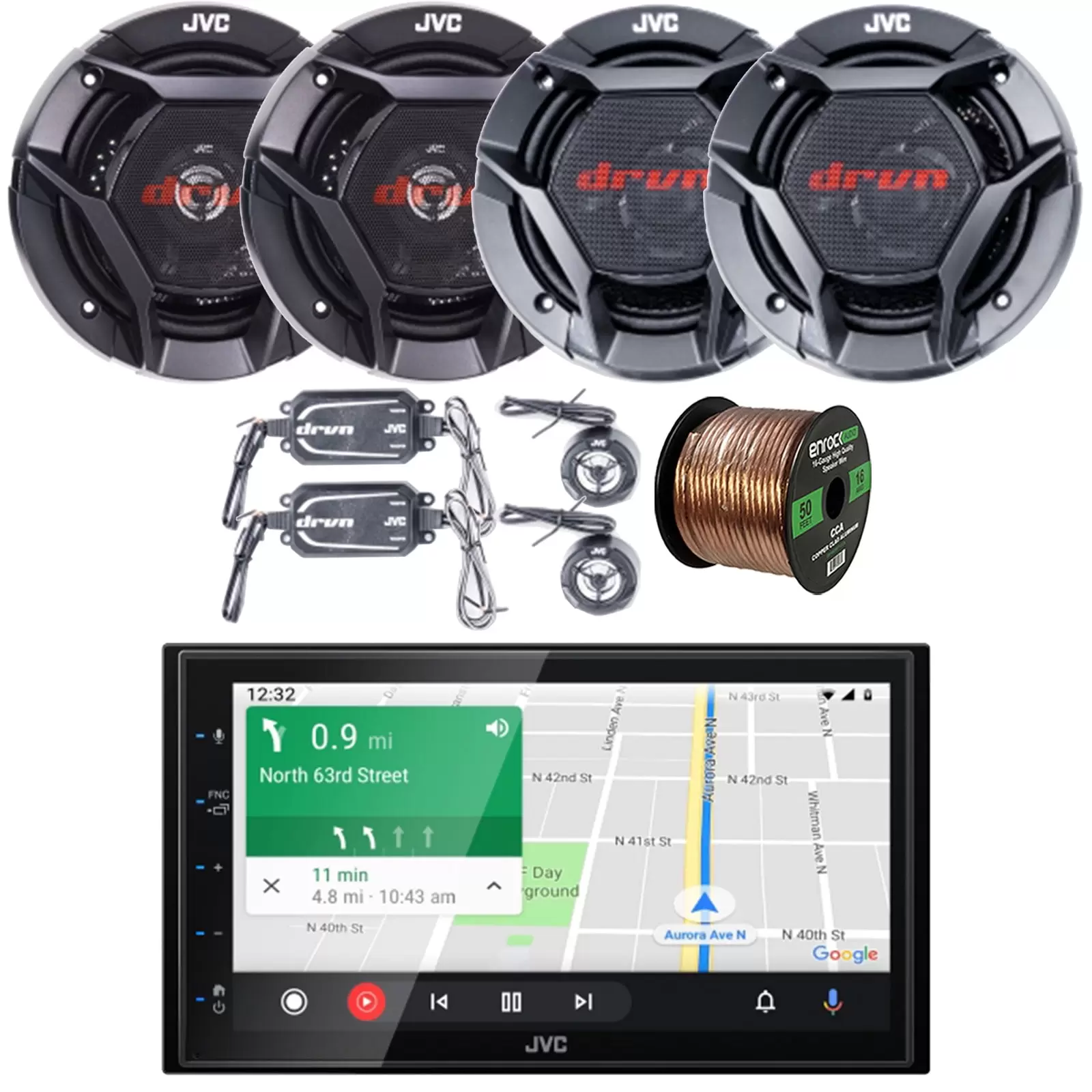 JVC KW-M56BT Double DIN AM/FM Radio USB Bluetooth Digital Media Receiver Bundle with 2x 6.5 2-Way 360W Peak Car Audio Component Speakers. 2x 6.5 Coaxial 300W Max Vehicle Speakers. Speaker Wire