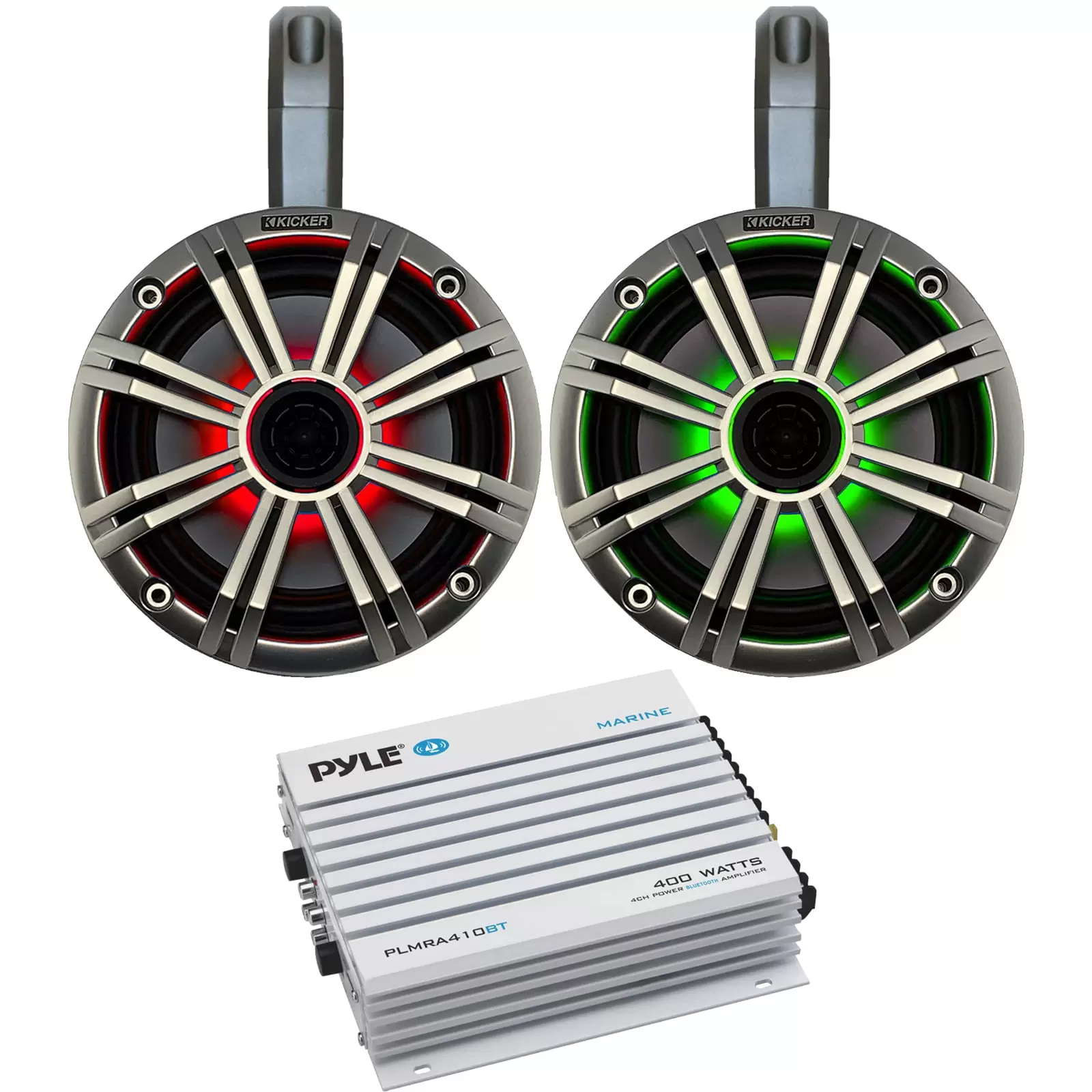 2 x Kicker 6.5 OEM Replacement 195W Coaxial 2-Way MultiColor LED Speakers (Silver Grilles) with Weather-Proof Black Tower Enclosures. Pyle 400W Bluetooth 4-Channel Amplifier