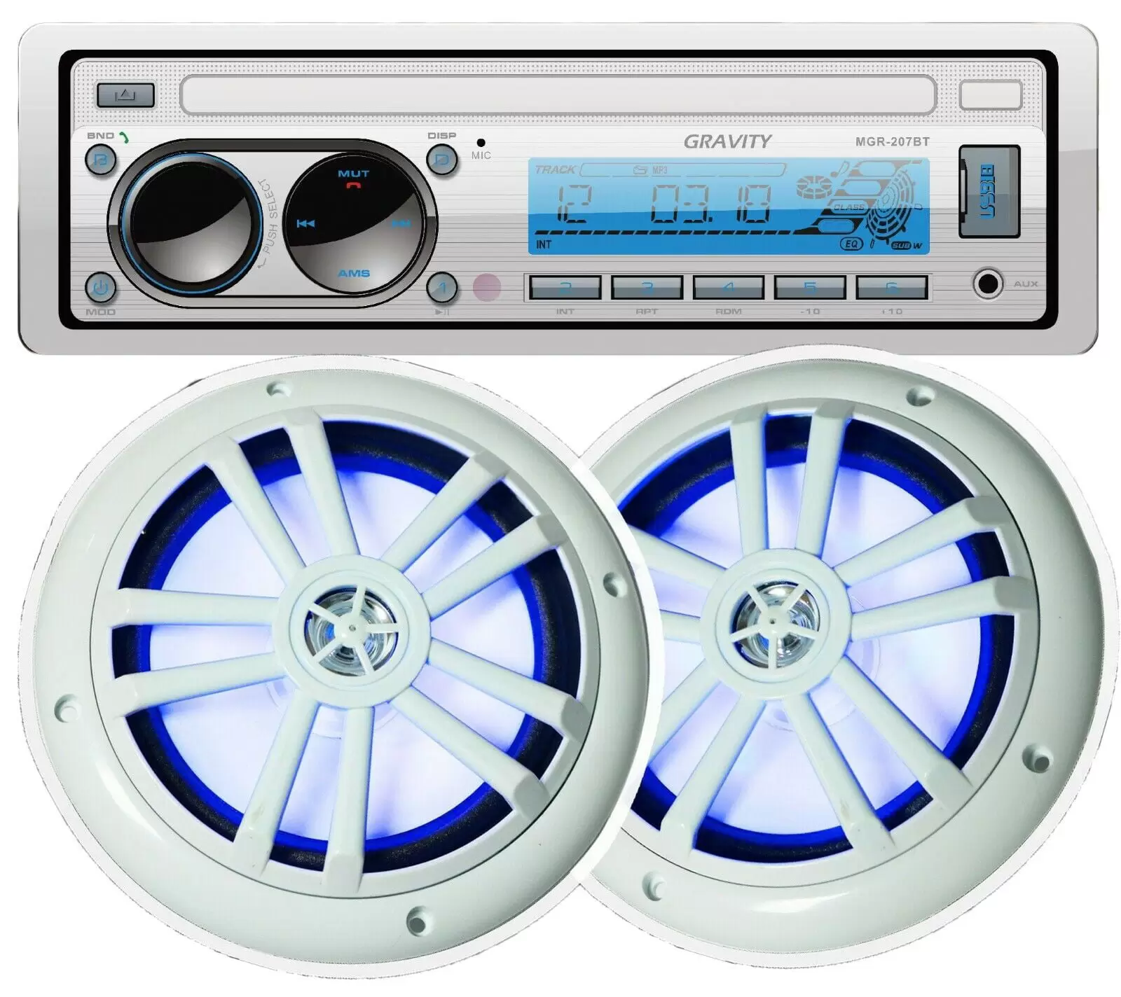 Gravity Marine Boat AM FM BT Receiver +2x Gravity 6.5 Marine Speakers White LED Bundle