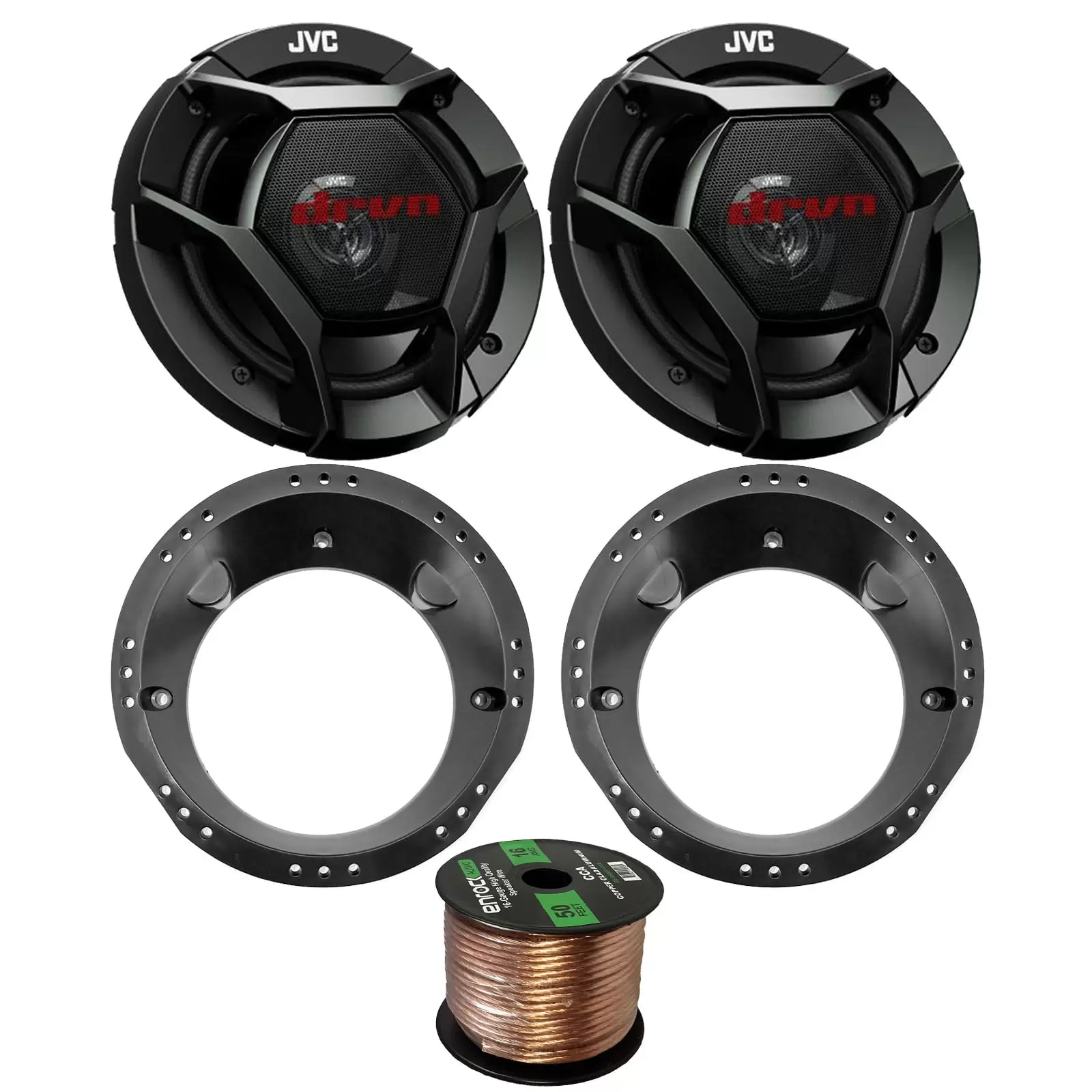 98-13 Motorcycle Speaker Bundle: 2x of JVC 6.5 Inch 300 Watts 2-Way dvrn DR-Series Black Car Stereo Coaxial Speakers + Speaker Mounting Rings For Motorcycles + 50 Ft 16G Speaker Wire