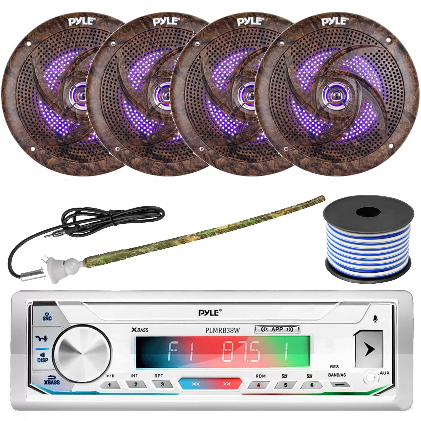 Pyle PLMRB39W Single DIN AM/FM Radio USB/AUX Bluetooth Marine Stereo White Receiver with 2 Pairs of 6.5'' 240W Camouflage Waterproof Marine LED Speakers. Rubber Mast Antenna. 18 Gauge Speaker Wire