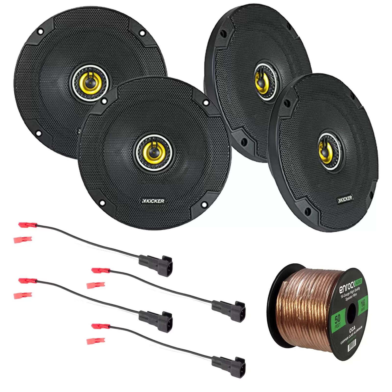 4x Kicker 600-Watt 6.5 2-Way Coaxial Speakers. Enrock Speaker Harness. 16 Gauge 50 Foot Speaker Wire - Fits Select 1998-UP Ford Vehicles